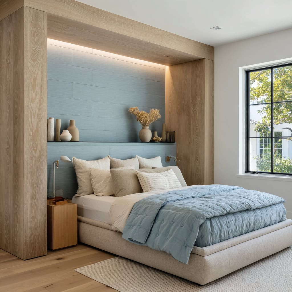 A nice bedroom uses a framing strategy to wrap the entire bed area in a structural shell of lightly stained oak A nice bedroom uses a framing strategy to wrap the entire bed area in a structural shell of lightly stained oak