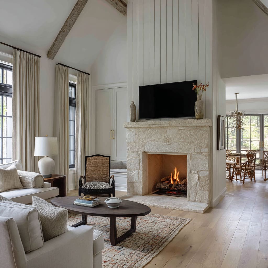 A refined cottagecore nod appears in the subtly worn ceiling beams, which remain pale and dry to the touch, showing muted wood grain without dominating A refined cottagecore nod appears in the subtly worn ceiling beams, which remain pale and dry to the touch, showing muted wood grain without dominating