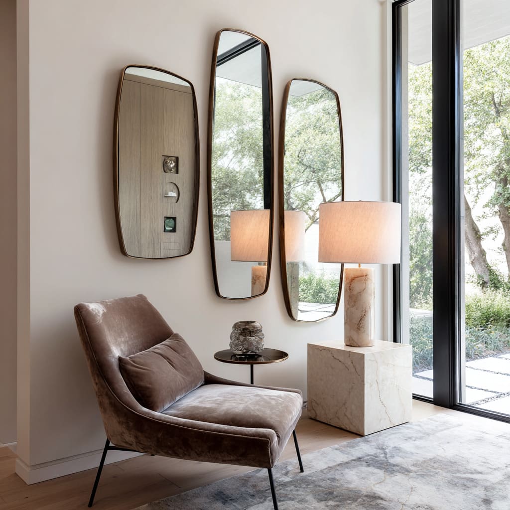A sculptural arrangement of three bronze-rimmed elliptical mirrors introduces asymmetry and elegance A sculptural arrangement of three bronze-rimmed elliptical mirrors introduces asymmetry and elegance
