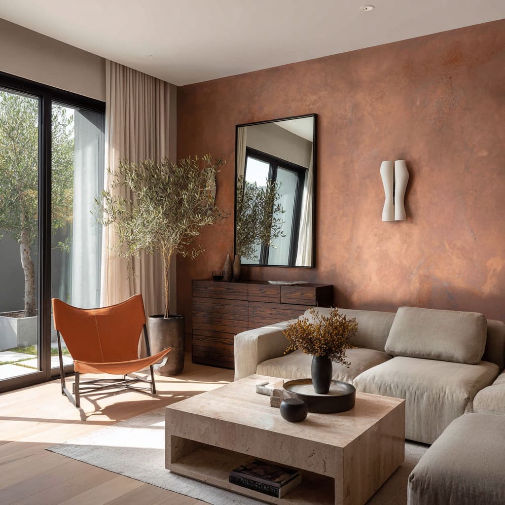 A single rectangular mirror with a slim bronze frame is placed directly above a dark wood sideboard, leaning slightly A single rectangular mirror with a slim bronze frame is placed directly above a dark wood sideboard, leaning slightly