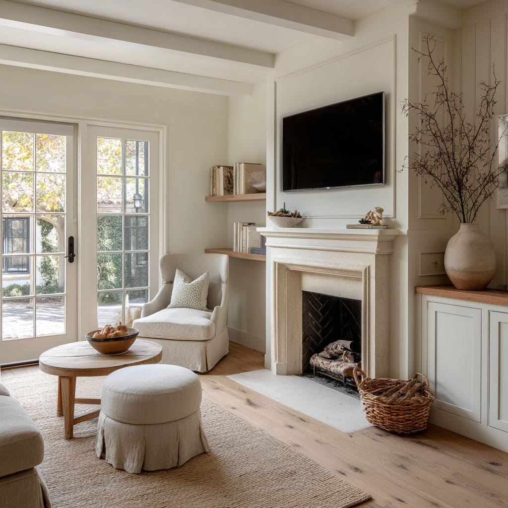 A slipcovered armchair in a pale stone fabric sits to the left of the hearth, paired with a round ottoman A slipcovered armchair in a pale stone fabric sits to the left of the hearth, paired with a round ottoman