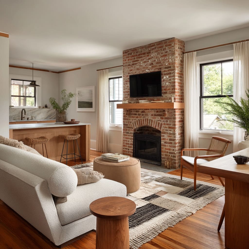 A soft camel leather ottoman replaces a hard-edged coffee table, lending casual versatility A soft camel leather ottoman replaces a hard-edged coffee table, lending casual versatility