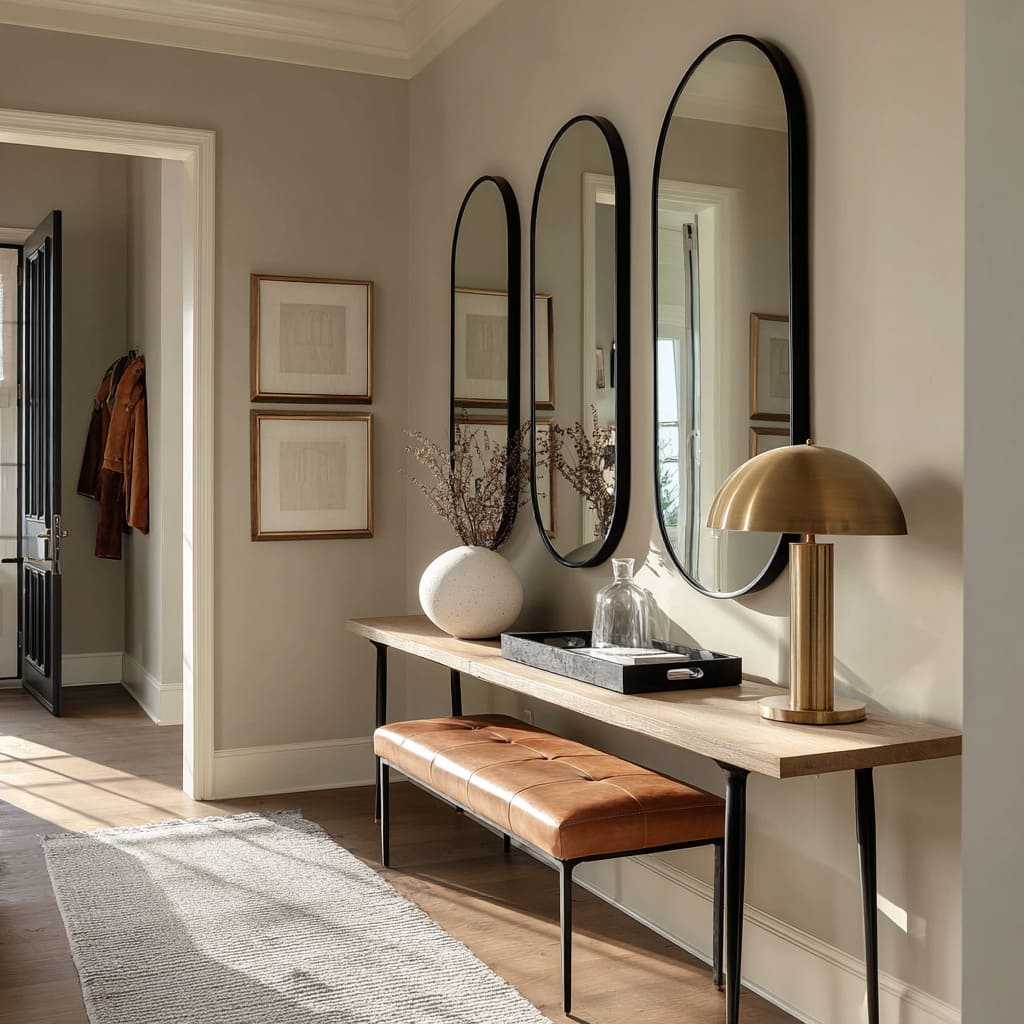 A softly sunlit entryway design features three elongated oval mirrors, all vertically oriented and framed in thin matte black A softly sunlit entryway design features three elongated oval mirrors, all vertically oriented and framed in thin matte black