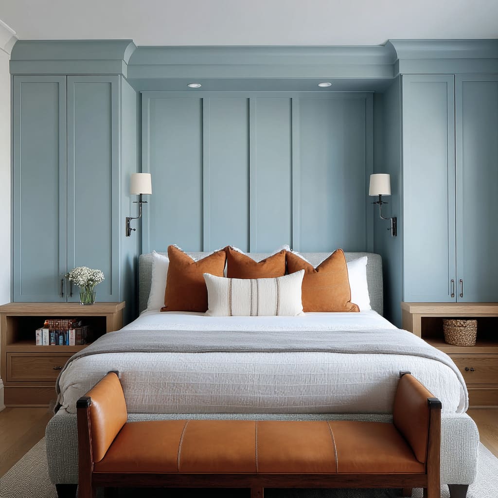 A space blends traditional framing with a muted modern palette, placing a soft blue-grey paneled wall directly behind the bed A space blends traditional framing with a muted modern palette, placing a soft blue-grey paneled wall directly behind the bed