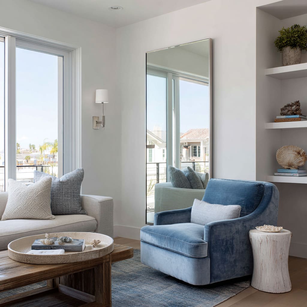 A space design integrates a seamless vertical mirror with a minimal brushed metal frame, precisely inset into a wall niche beside floating shelves A space design integrates a seamless vertical mirror with a minimal brushed metal frame, precisely inset into a wall niche beside floating shelves