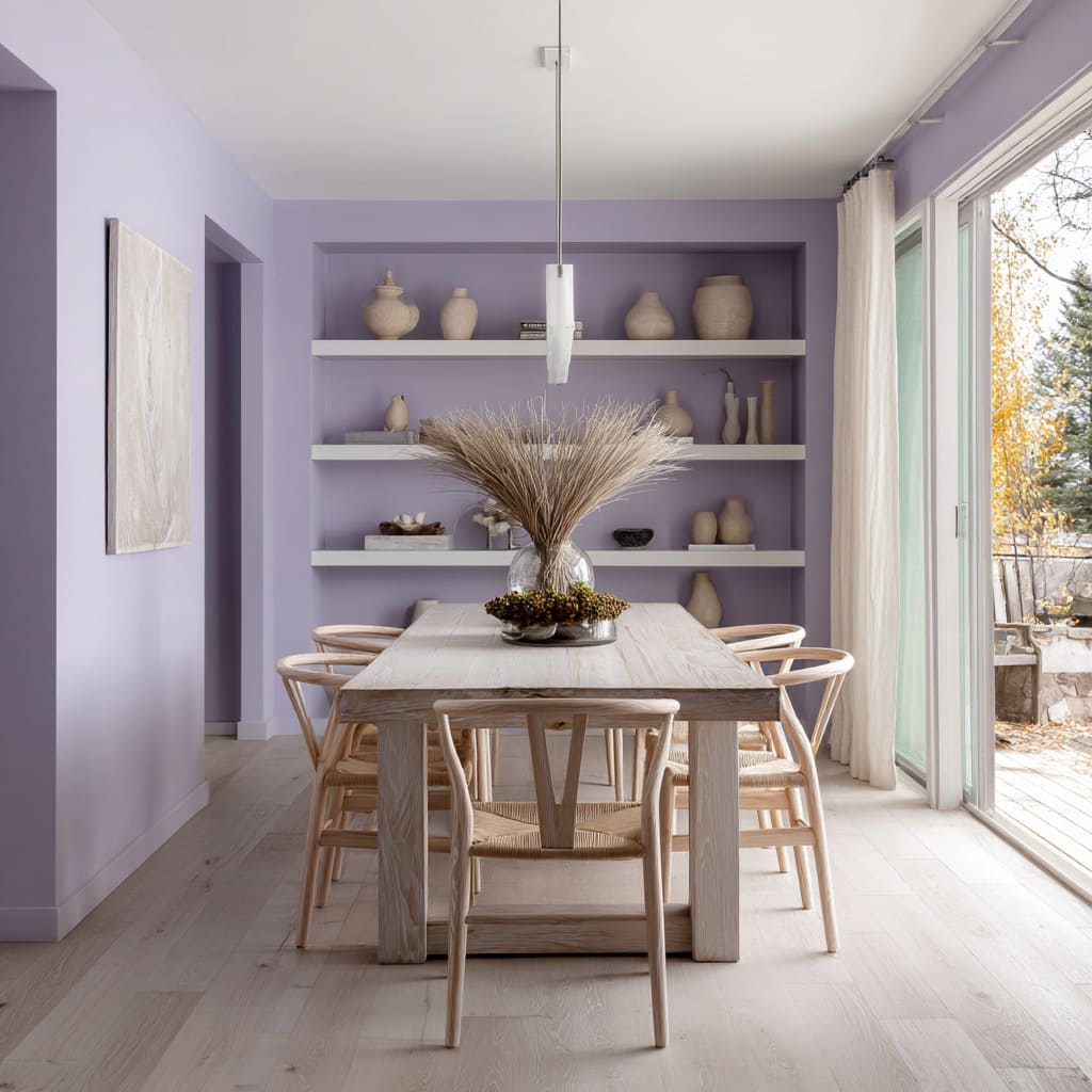 El diseño del espacio apuesta por un color más atrevido con paredes en lavanda empolvada y estanterías empotradas pintadas en el mismo tono. El diseño del espacio apuesta por un color más atrevido con paredes en lavanda empolvada y estanterías empotradas pintadas en el mismo tono.