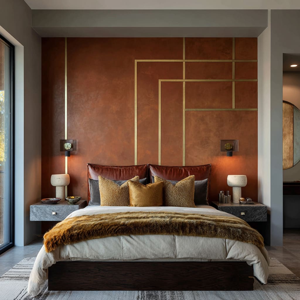 A strong bedroom design sets itself apart through a bold use of burnished terracotta-colored wall paint combined with a pattern of inset brass lines A strong bedroom design sets itself apart through a bold use of burnished terracotta-colored wall paint combined with a pattern of inset brass lines
