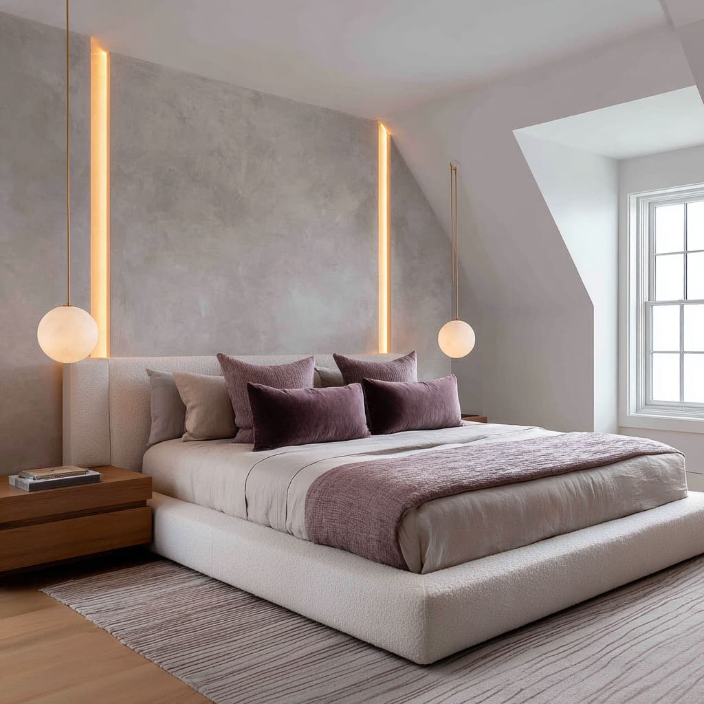 A stylish bedroom design features a seamless gray plaster wall behind the bed, finely burnished to give it a velvety appearance without overt shine