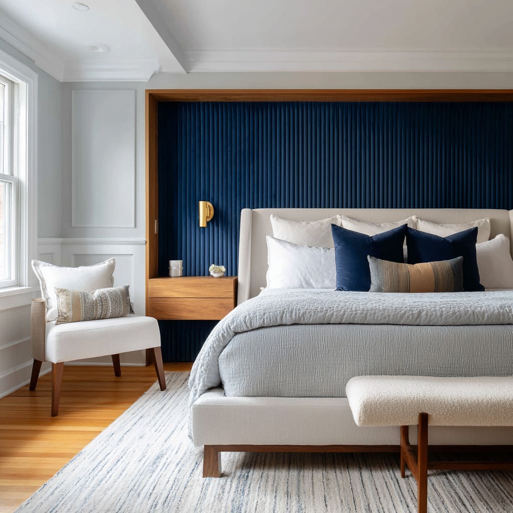 A stylish master bedroom interior deisgn with a blue headboard A stylish master bedroom interior deisgn with a blue headboard