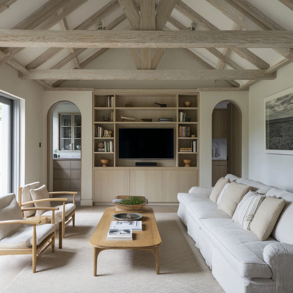 A vaulted ceiling draws attention to the exposed crisscross trusses above, each beam softly wire-brushed and lime-finished to emphasize grain while mut A vaulted ceiling draws attention to the exposed crisscross trusses above, each beam softly wire-brushed and lime-finished to emphasize grain while mut