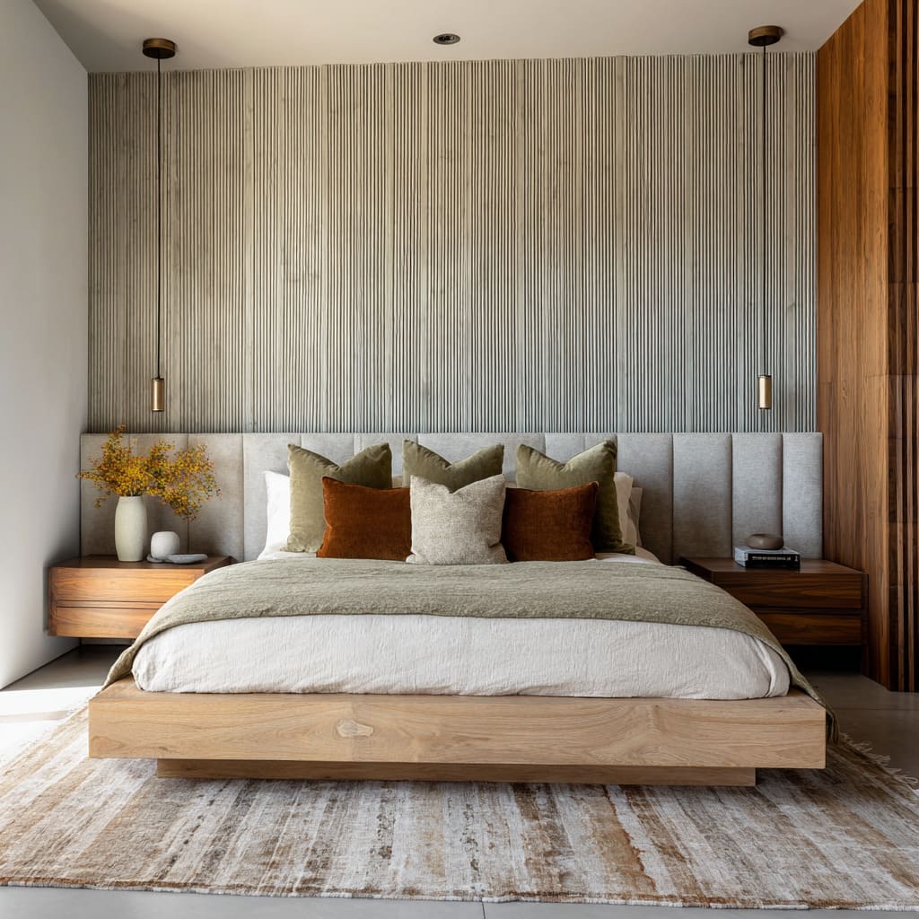 A wall behind the bed consists of tight vertical ribbing, each groove extremely fine and closely spaced, in a soft slate gray or pale ash finish A wall behind the bed consists of tight vertical ribbing, each groove extremely fine and closely spaced, in a soft slate gray or pale ash finish