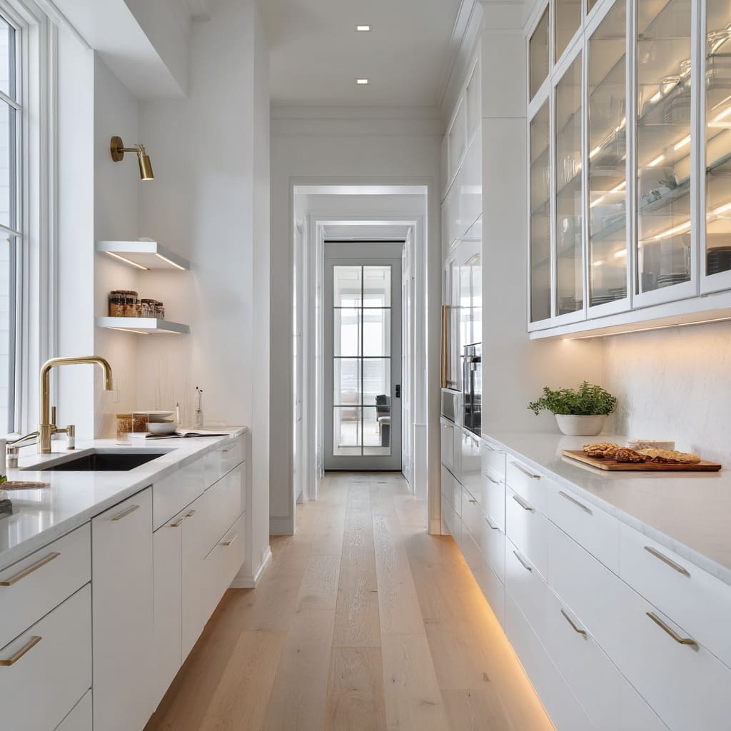 Acid-Etched Glass Uppers Framing an All-White Galley Kitchen Design Acid-Etched Glass Uppers Framing an All-White Galley Kitchen Design