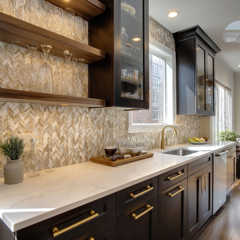 An Espresso-Stained Beech Cabinets with Vertical Chevron Marble Mosaic Backsplash An Espresso-Stained Beech Cabinets with Vertical Chevron Marble Mosaic Backsplash