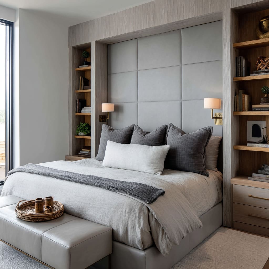 An Oversized Padded Grey Panel Headboard Framed with Built-In Bookcases An Oversized Padded Grey Panel Headboard Framed with Built-In Bookcases