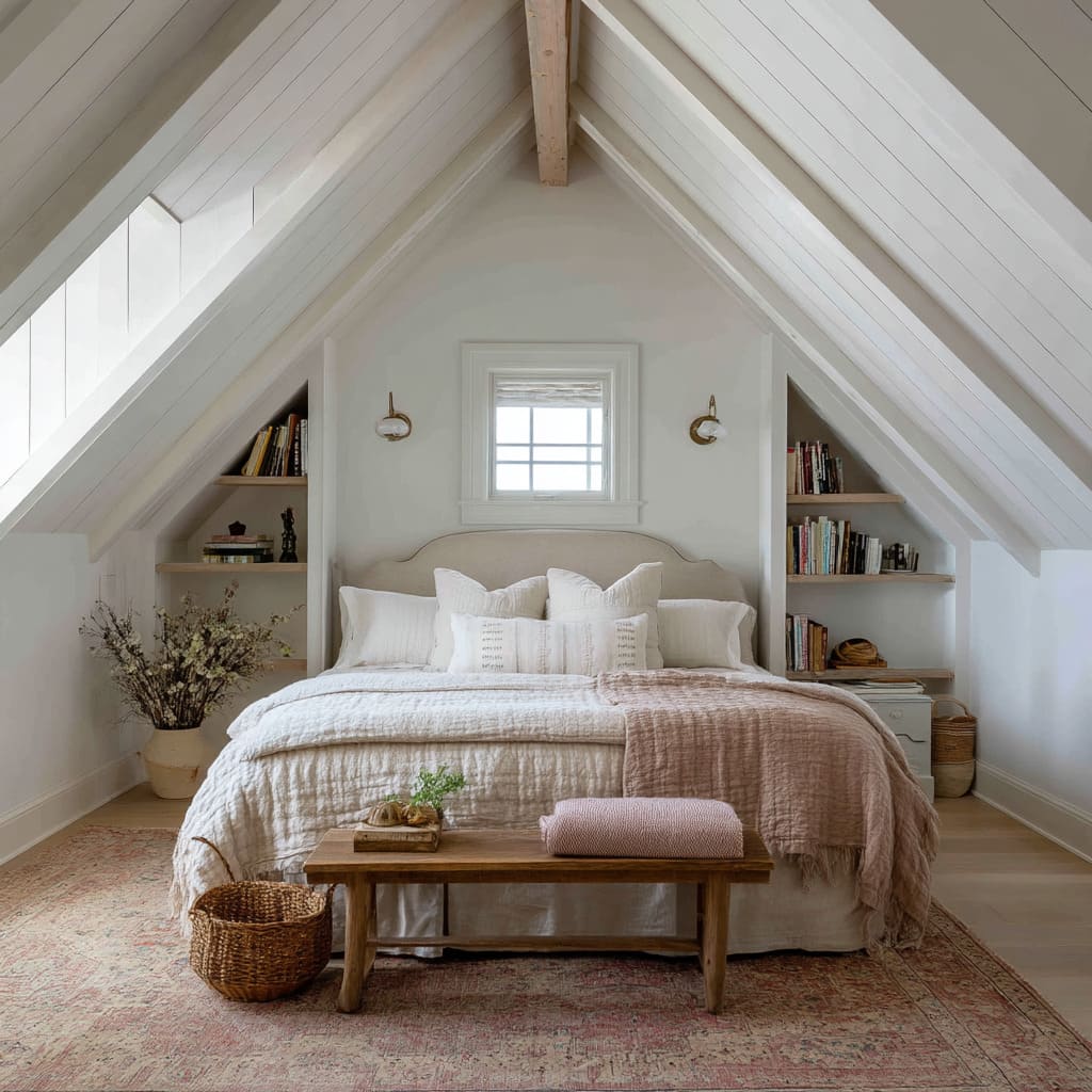 An attic room is organized with almost mathematical precision, but it never feels rigid An attic room is organized with almost mathematical precision, but it never feels rigid