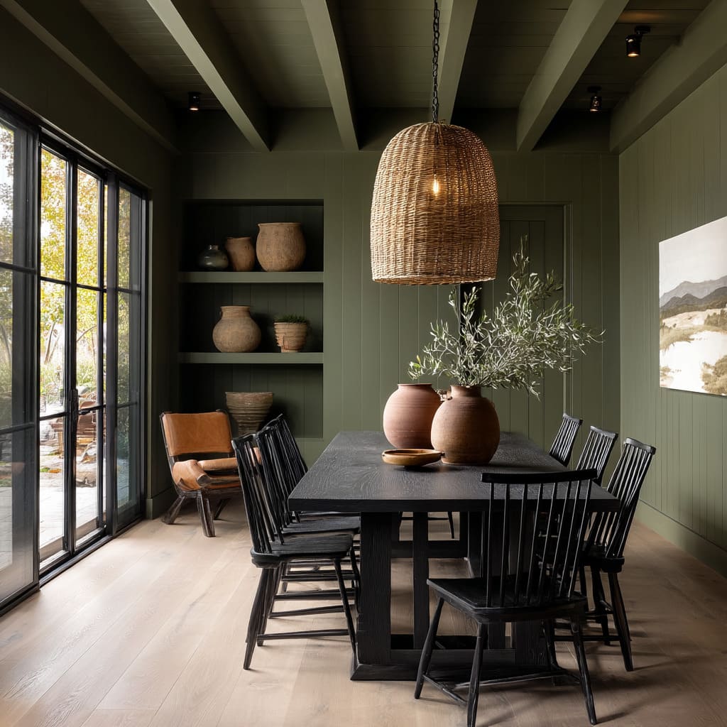Un diseño interior reviste las paredes con un verde oliva profundo, aplicado en paneles, estantes empotrados, molduras y vigas del techo, creando un efecto envolvente. Un diseño interior reviste las paredes con un verde oliva profundo, aplicado en paneles, estantes empotrados, molduras y vigas del techo, creando un efecto envolvente.
