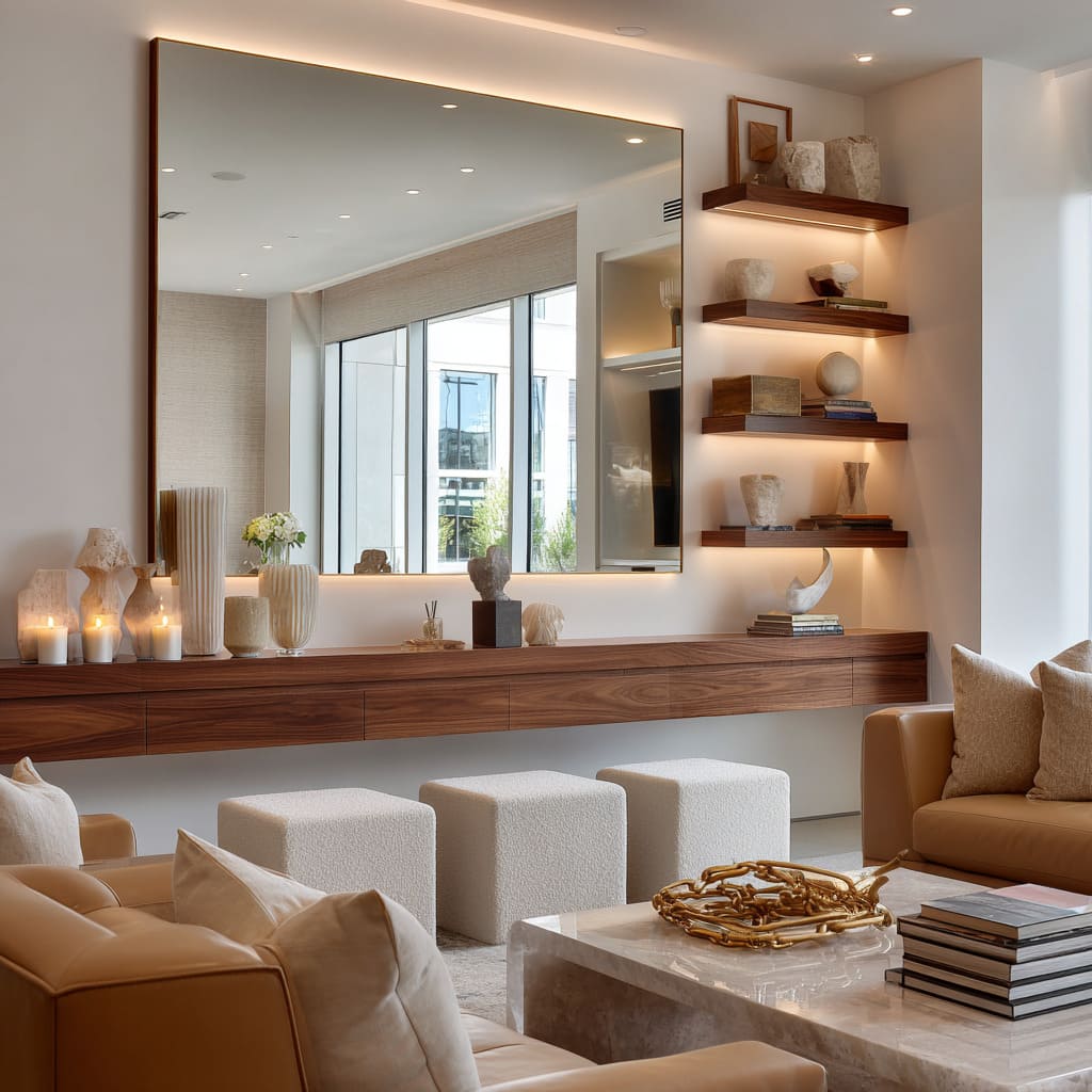 An oversized frameless mirror is placed precisely behind a floating walnut console, extending across nearly the entire width of the wall An oversized frameless mirror is placed precisely behind a floating walnut console, extending across nearly the entire width of the wall