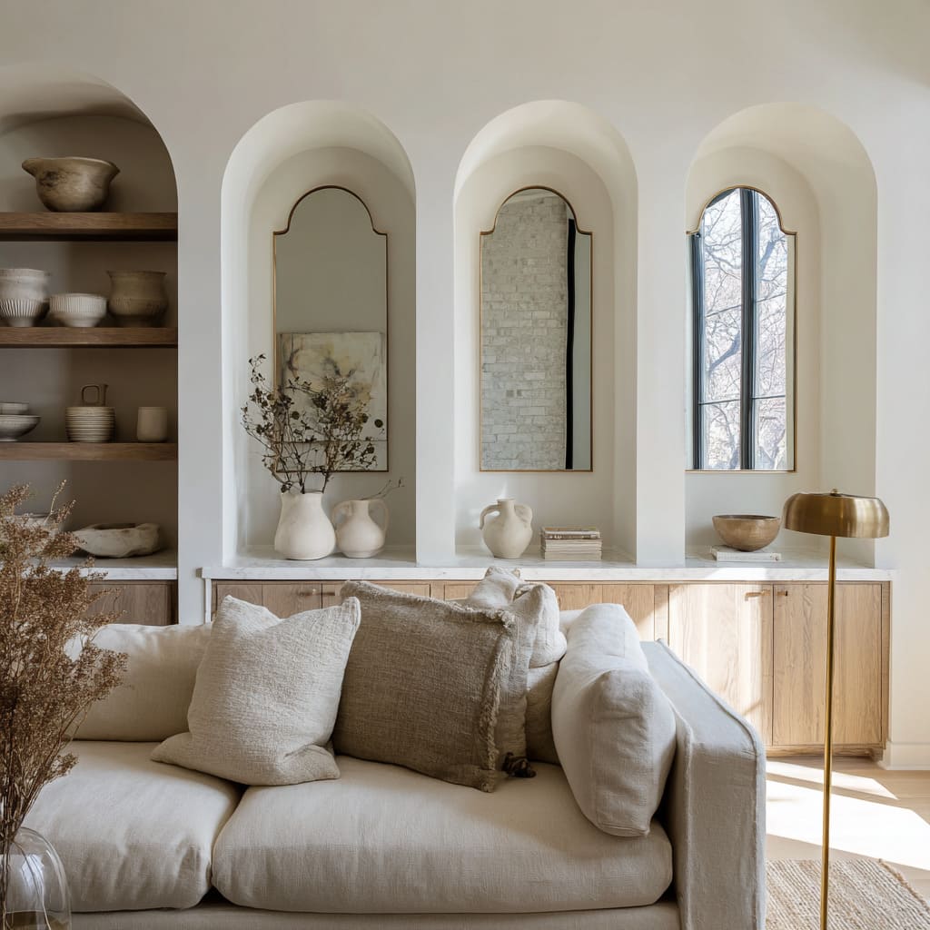 Arched Mirror Trio Set into Alcoves in a Mediterranean-Inspired Living Room Design Arched Mirror Trio Set into Alcoves in a Mediterranean-Inspired Living Room Design