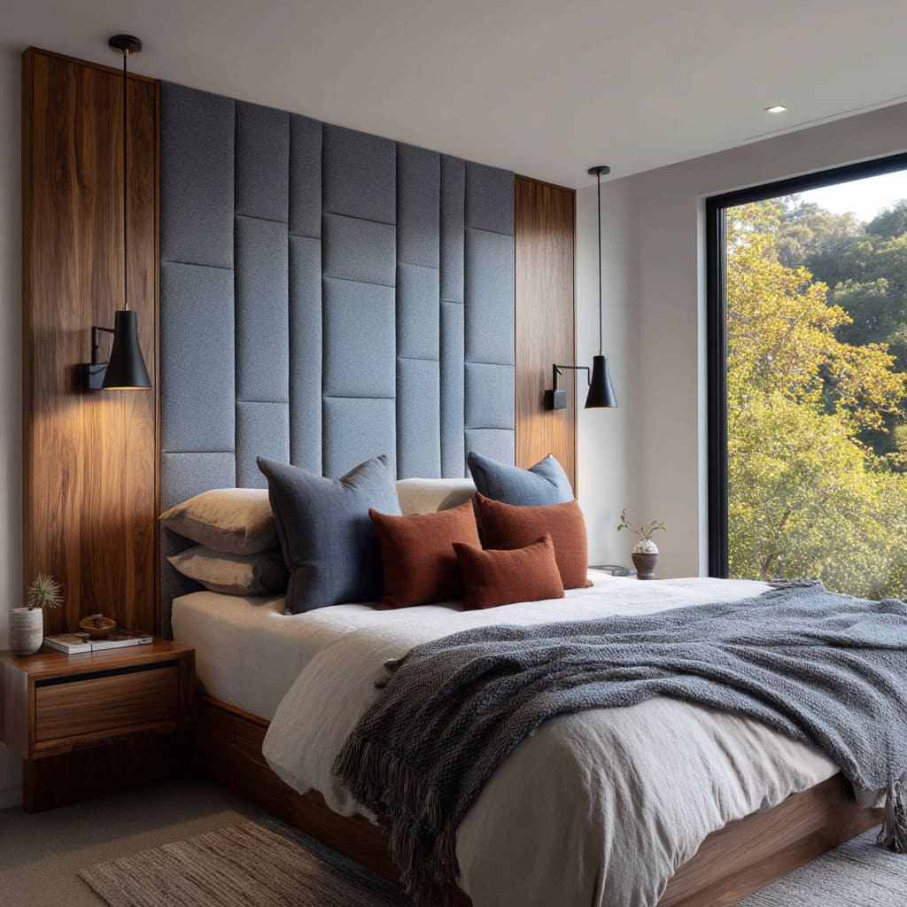 Asymmetrical Geometry and Earthy Contrast with Quilted Blue Headboard with Walnut Panels Asymmetrical Geometry and Earthy Contrast with Quilted Blue Headboard with Walnut Panels
