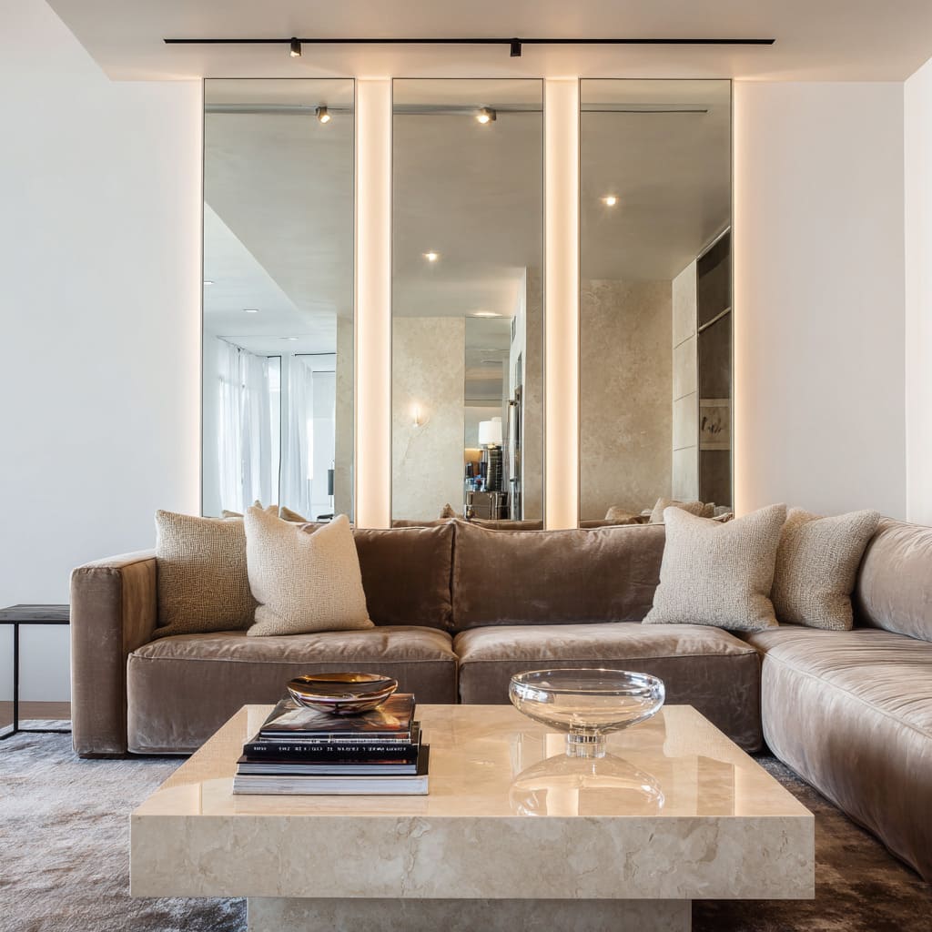 Beveled Mirrors with Integrated Light Framing a Velvet Sectional Wall
