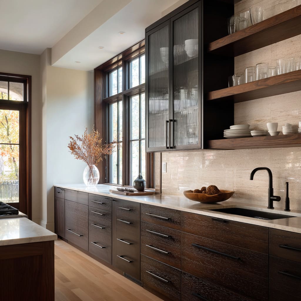 Black-Framed Ribbed Glass Uppers in a Transitional Wood-and-Stone Kitchen Design Black-Framed Ribbed Glass Uppers in a Transitional Wood-and-Stone Kitchen Design