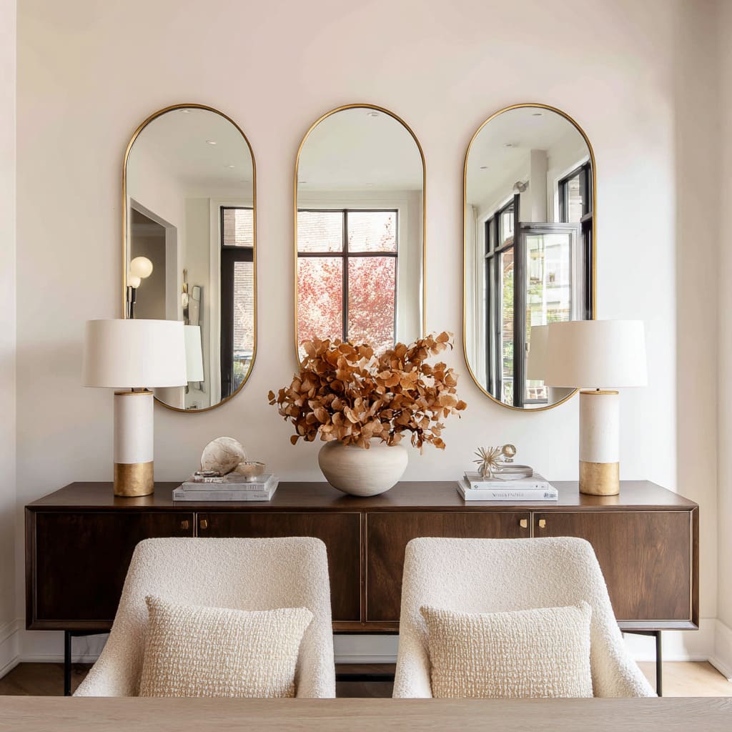 Brass-Framed Oval Mirror Trio in Bright Dining Room Interior with Rich Contrast Brass-Framed Oval Mirror Trio in Bright Dining Room Interior with Rich Contrast