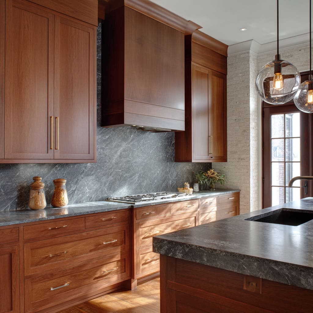 Chestnut Cherry Cabinets with Flamed Granite Slab Backsplash Chestnut Cherry Cabinets with Flamed Granite Slab Backsplash