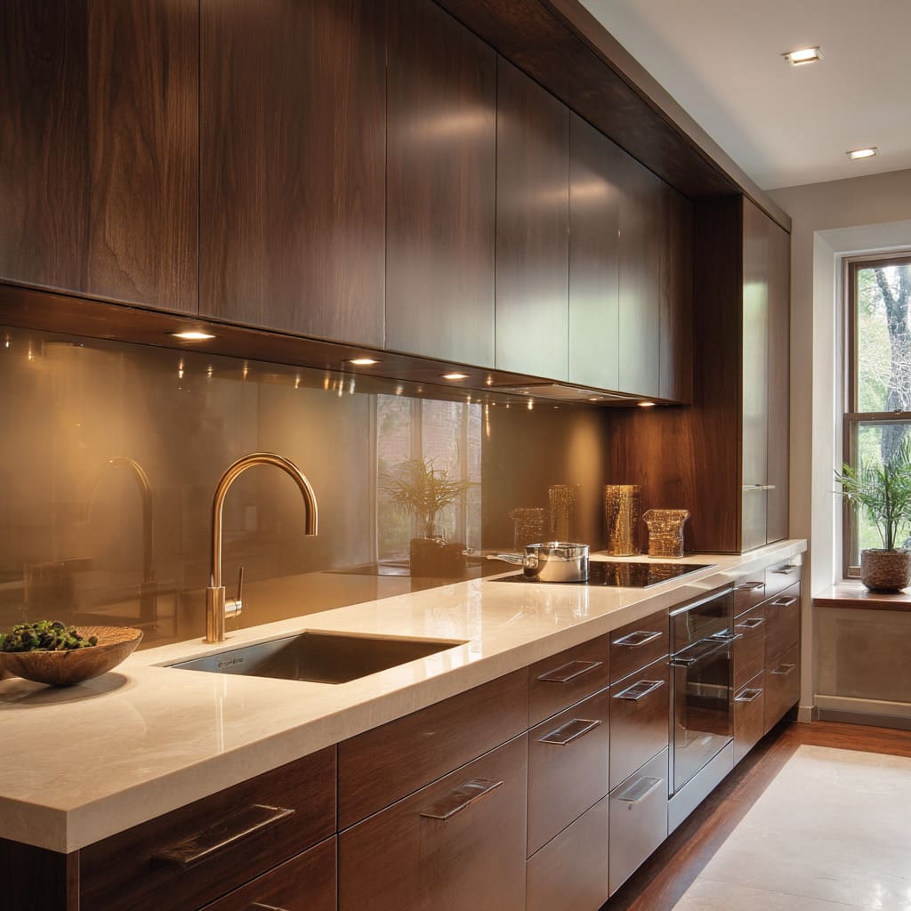 Chocolate-Stained Walnut Cabinets with Bronze-Tinted Back-Painted Glass Backsplash Chocolate-Stained Walnut Cabinets with Bronze-Tinted Back-Painted Glass Backsplash