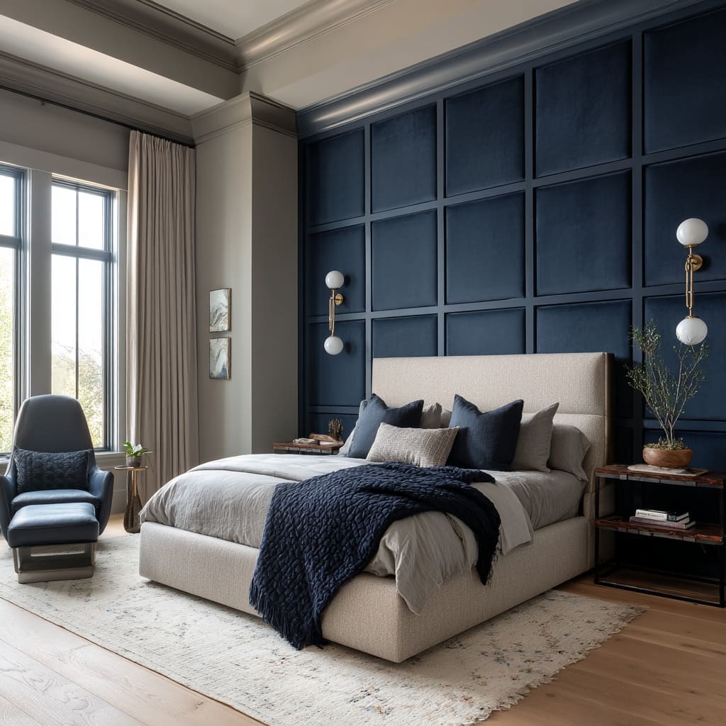 Coastal Softness with Linear Calm with Muted Blue Panel Headboard with Built-in Display Coastal Softness with Linear Calm with Muted Blue Panel Headboard with Built-in Display
