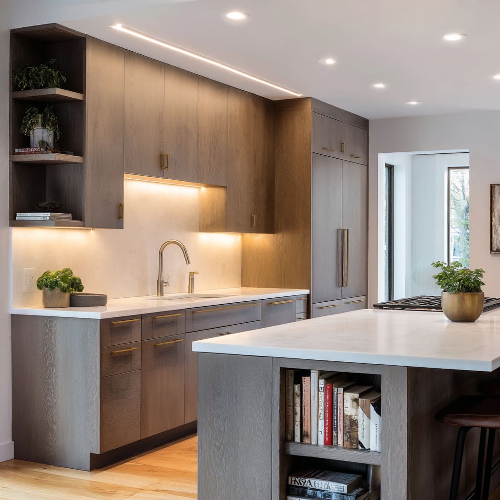 Cocoa-Stained Maple Cabinets with Integrated-Lit Cream Stone Backsplash Cocoa-Stained Maple Cabinets with Integrated-Lit Cream Stone Backsplash