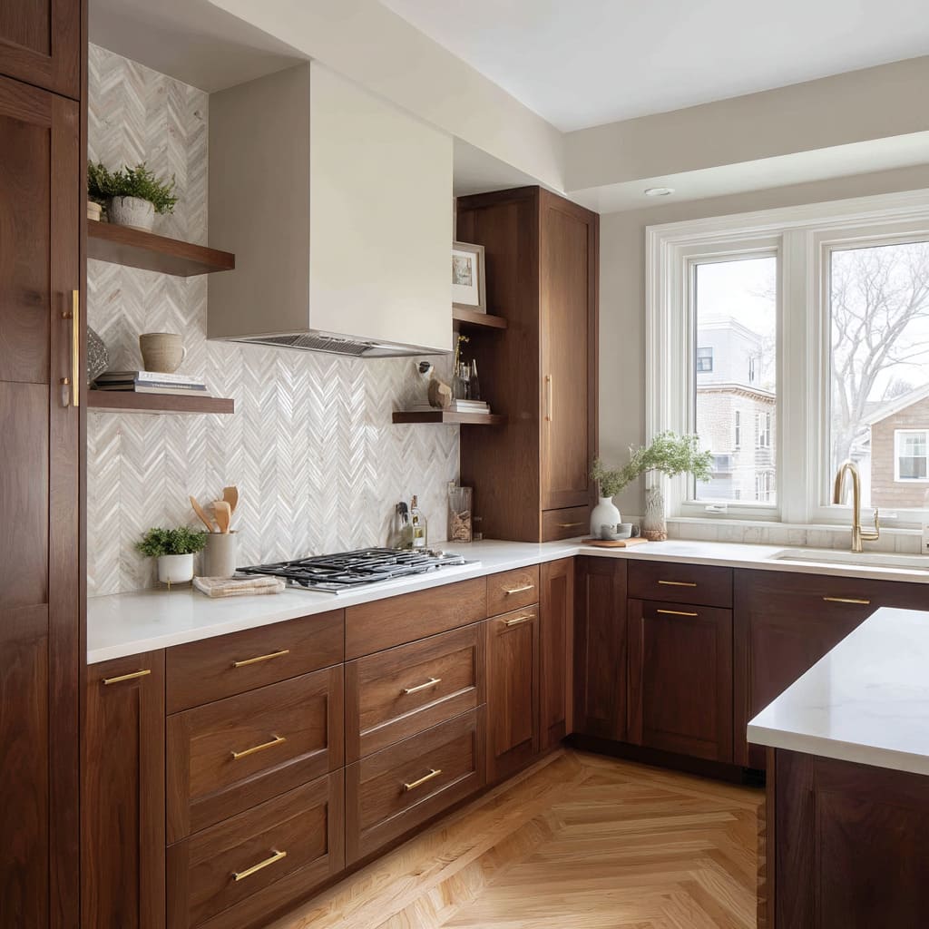 Coffee-Stained Maple Cabinets with Herringbone Calacatta Marble Tile Backsplash Coffee-Stained Maple Cabinets with Herringbone Calacatta Marble Tile Backsplash
