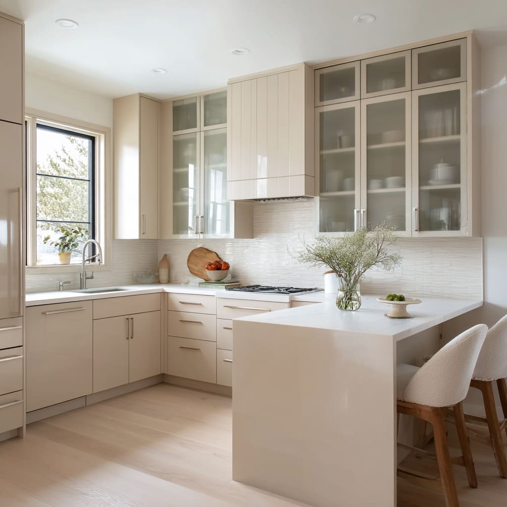 Corner cabinets wrap around the upper layout, maximizing storage without breaking symmetry Corner cabinets wrap around the upper layout, maximizing storage without breaking symmetry