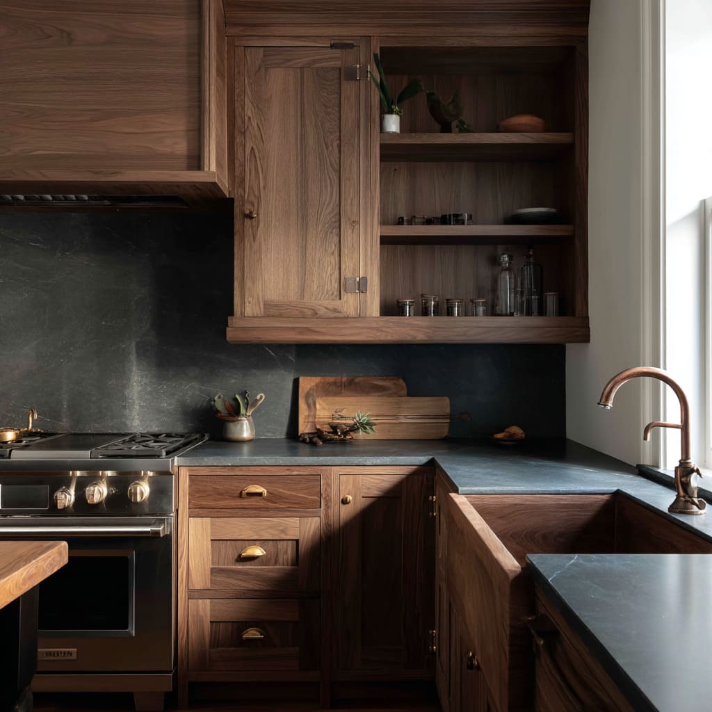 Dark Walnut Cabinets with Honed Soapstone Slab Backsplash Dark Walnut Cabinets with Honed Soapstone Slab Backsplash