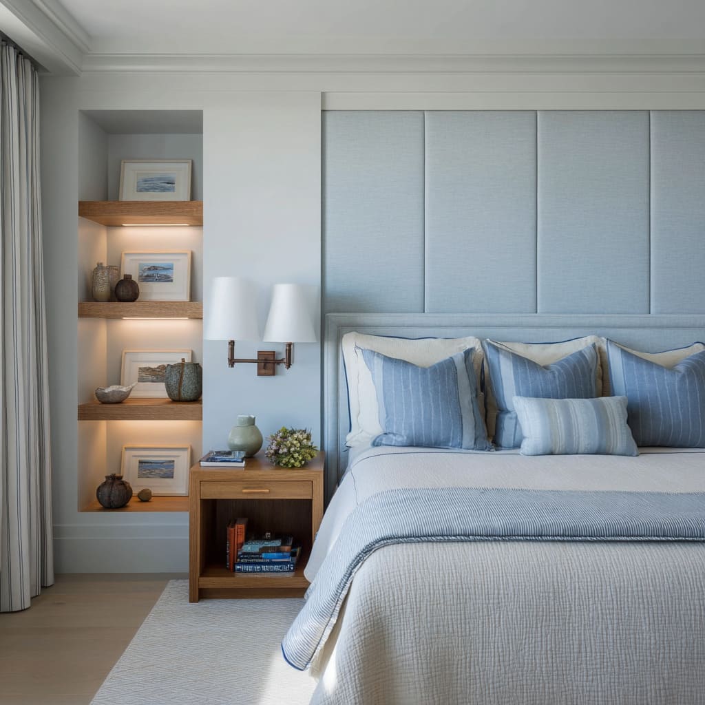 Dramatic Grid and Tactile Layers in Deep Blue Panel Bedroom Wall as Textural Canvas Dramatic Grid and Tactile Layers in Deep Blue Panel Bedroom Wall as Textural Canvas