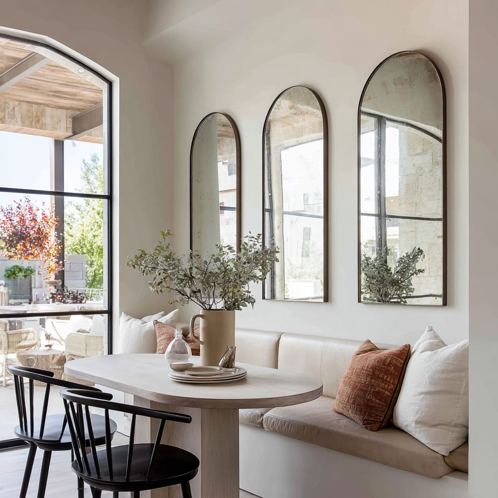 Each mirror is nearly the same height as the window, creating continuity in scale and form Each mirror is nearly the same height as the window, creating continuity in scale and form