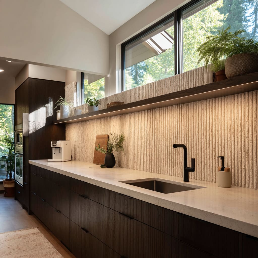 Espresso Cabinets with High-Relief Ribbed Travertine Backsplash Espresso Cabinets with High-Relief Ribbed Travertine Backsplash