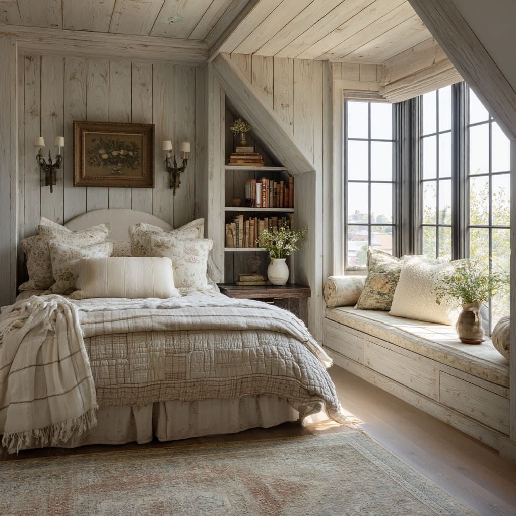 Every surface walls, ceiling, shelves, trim is wrapped in lightly whitewashed pine planks with visible knots and vertical grain Every surface walls, ceiling, shelves, trim is wrapped in lightly whitewashed pine planks with visible knots and vertical grain