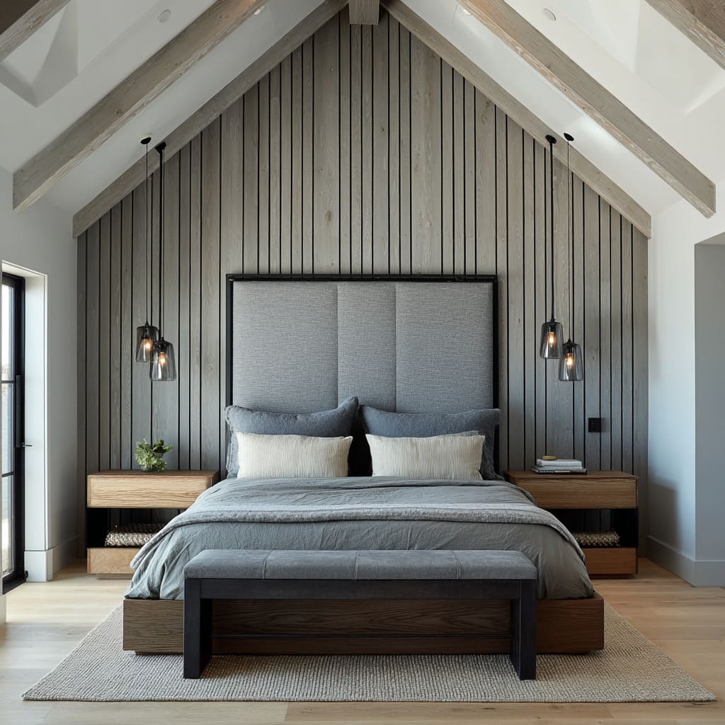 Framed Square Grey Headboard Panel on Pitched Wood-Slat Wall Framed Square Grey Headboard Panel on Pitched Wood-Slat Wall