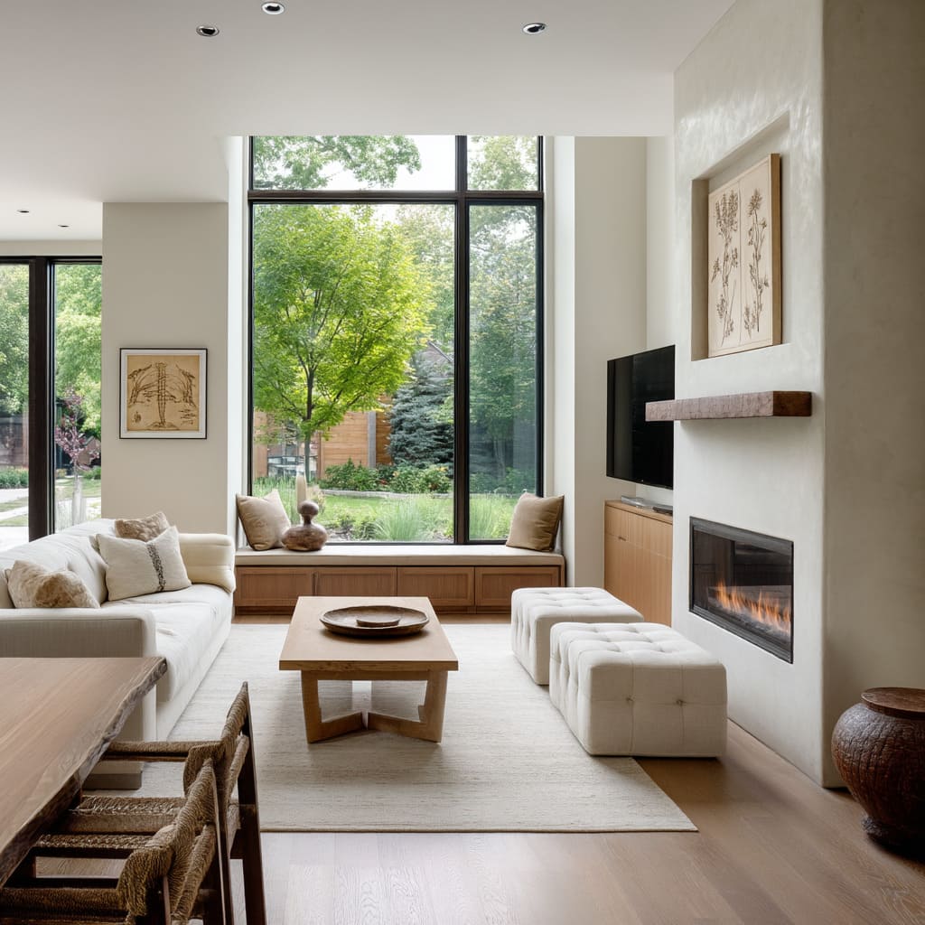 Framed by towering windows, this room blends verticality and symmetry in a way that updates cottagecore with architectural finesse Framed by towering windows, this room blends verticality and symmetry in a way that updates cottagecore with architectural finesse