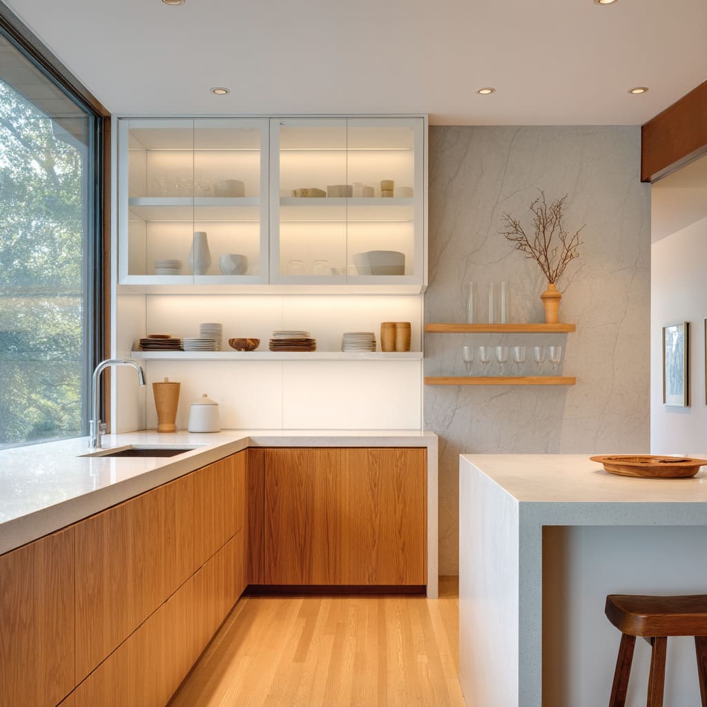 Frameless Glass-Front Uppers Flush with Plaster Wall in a Natural-Toned U-Shape Layout Frameless Glass-Front Uppers Flush with Plaster Wall in a Natural-Toned U-Shape Layout