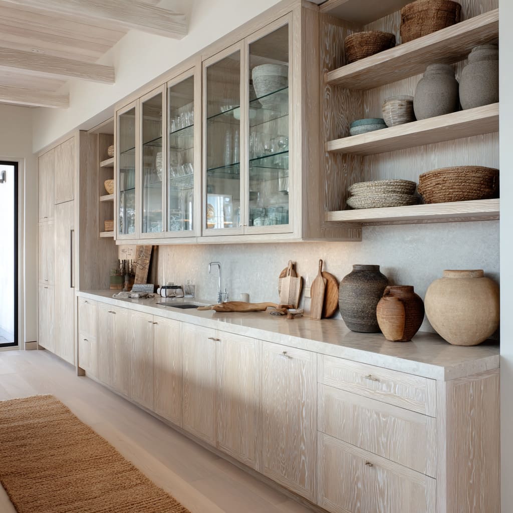 Full-Height Driftwood Glass Uppers in a Seaside-Inspired Kitchen Design Full-Height Driftwood Glass Uppers in a Seaside-Inspired Kitchen Design