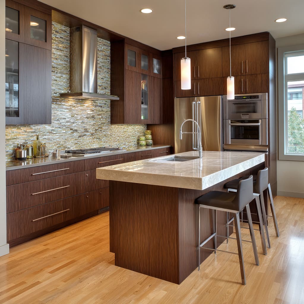 Glass tiles, running floor-to-ceiling behind the cooktop, are a composition of varying translucent amber, smoky taupe, olive, and pale metallic bronze Glass tiles, running floor-to-ceiling behind the cooktop, are a composition of varying translucent amber, smoky taupe, olive, and pale metallic bronze