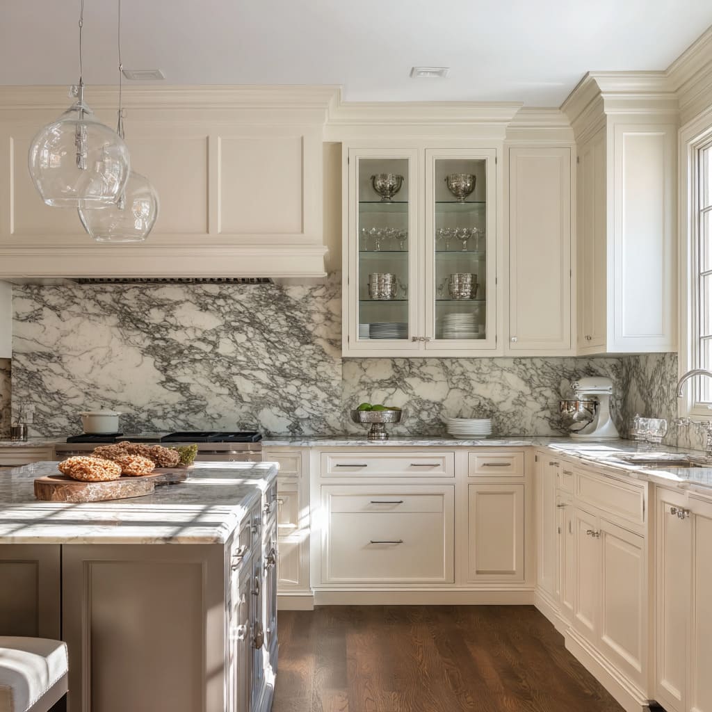 Here, a stunning bookmatched marble slab forms the backsplash and countertop surface, generating a symmetrical V-pattern that acts as both art an