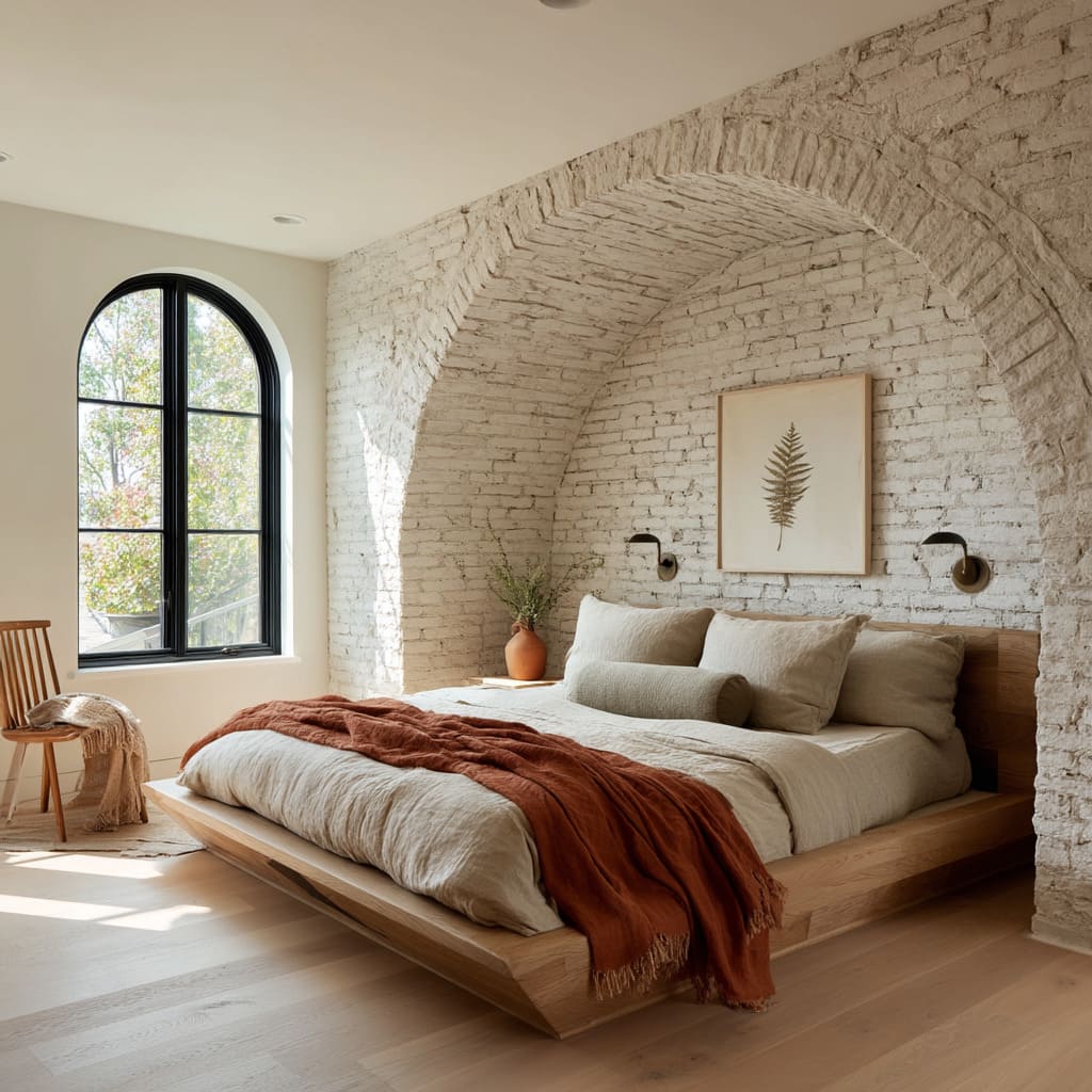 Here, a visual statement is made through material depth specifically the arched whitewashed brick vault that defines the room's volume Here, a visual statement is made through material depth specifically the arched whitewashed brick vault that defines the room's volume