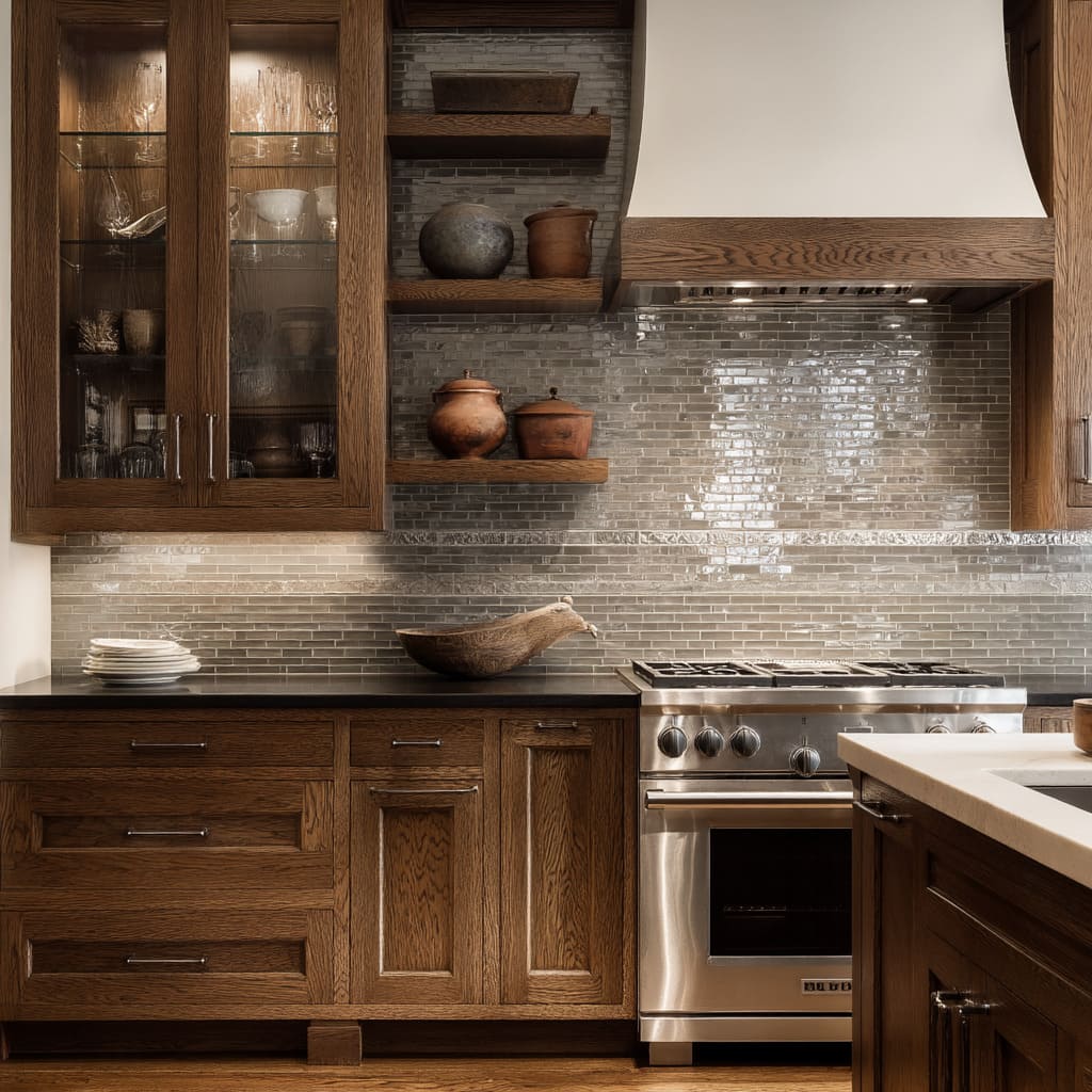 Here, the backsplash operates almost like a woven fabric a reflective, tightly composed field of stacked horizontal glass tiles in pale gray, putty, soft ta Here, the backsplash operates almost like a woven fabric a reflective, tightly composed field of stacked horizontal glass tiles in pale gray, putty, soft ta