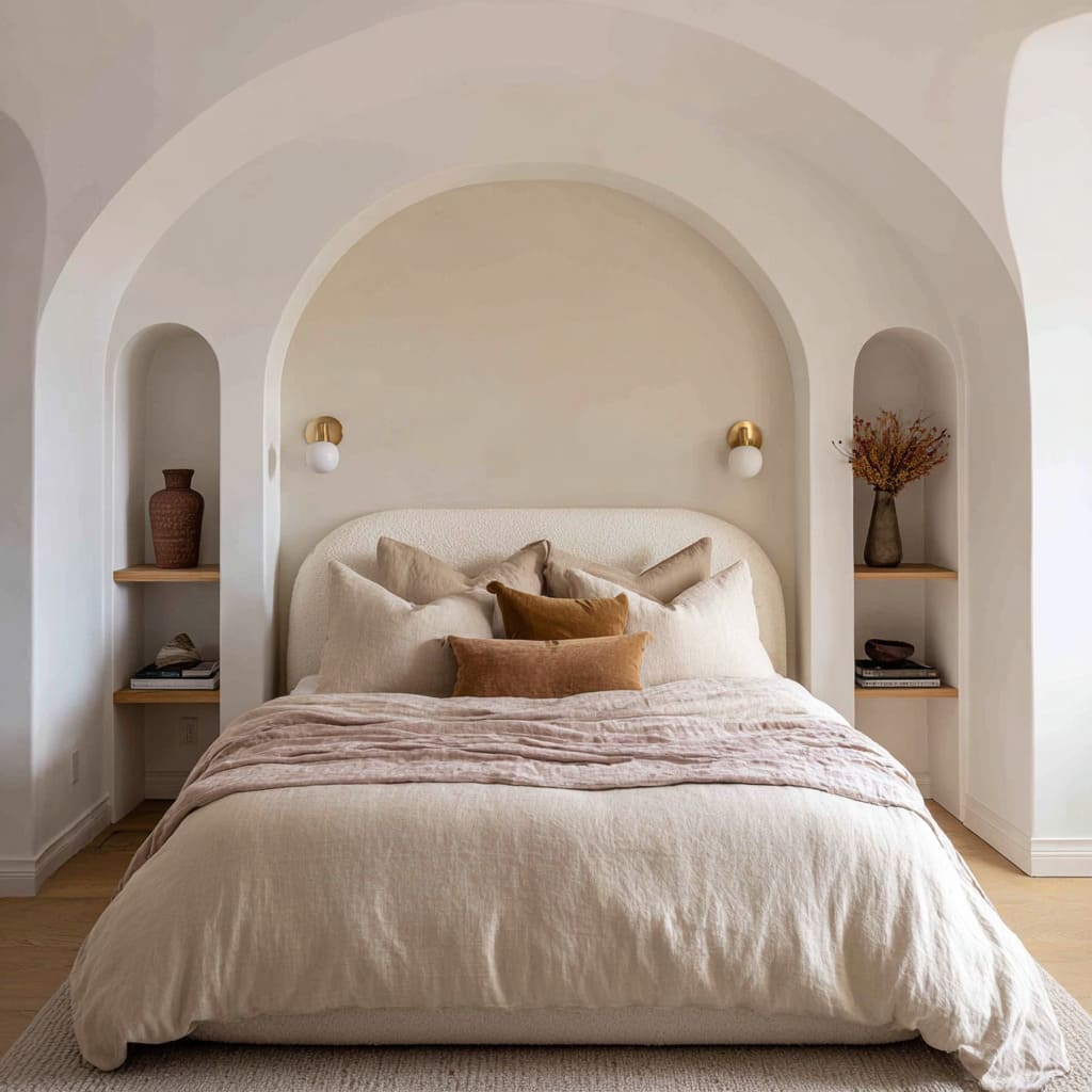 Here the entire bed wall has been sculpted into a soft architectural volume, using a series of continuous smooth arches Here the entire bed wall has been sculpted into a soft architectural volume, using a series of continuous smooth arches
