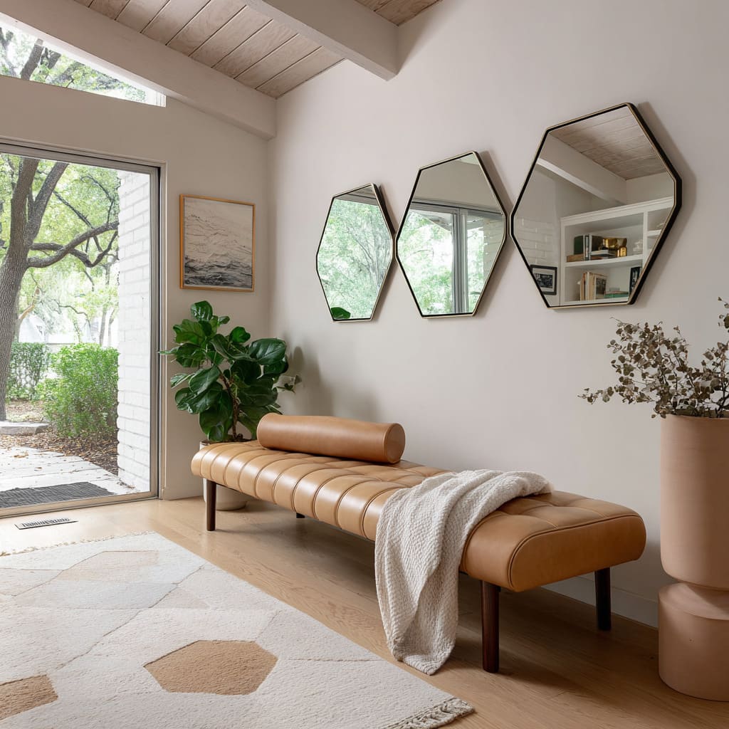 Hexagonal Mirror Trio Above a Midcentury-Style Bench in a Light-Filled Entry Design Hexagonal Mirror Trio Above a Midcentury-Style Bench in a Light-Filled Entry Design