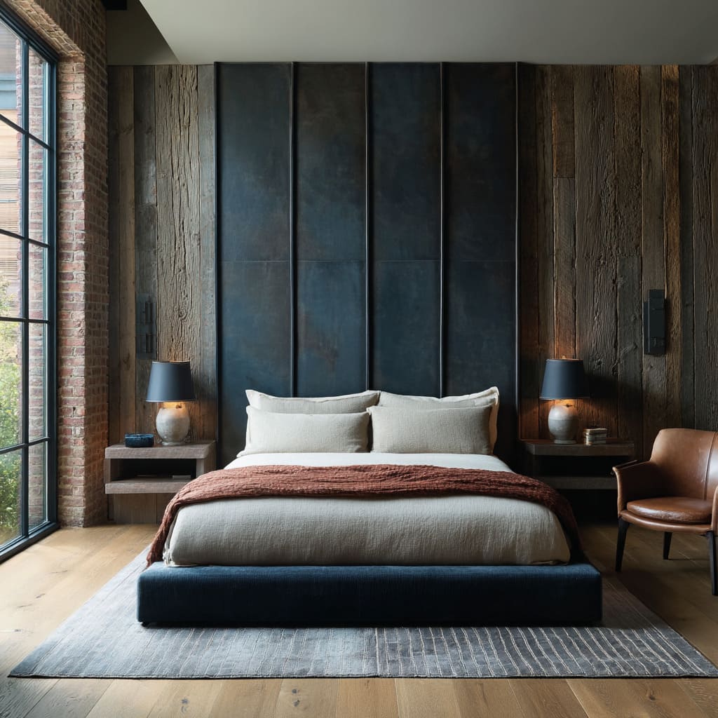 Industrial Luxe Meets Depth Vertical Inky-Blue Headboard Panels in a Loft-Like Bedroom Industrial Luxe Meets Depth Vertical Inky-Blue Headboard Panels in a Loft-Like Bedroom