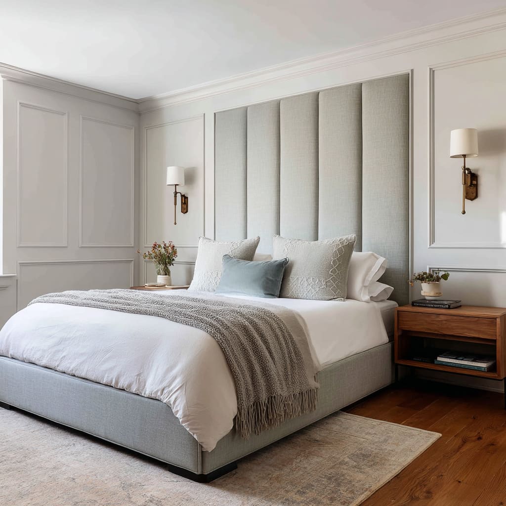 Inset Vertical Grey Upholstered Headboard Panel Surrounded by Colonial Trim Inset Vertical Grey Upholstered Headboard Panel Surrounded by Colonial Trim