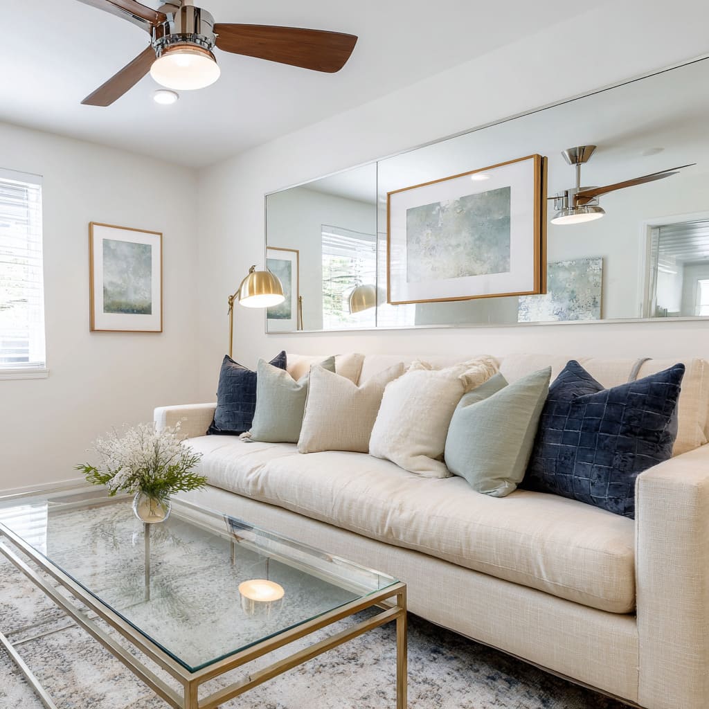 Layered Mirror and Art Installation Above Sofa Layered Mirror and Art Installation Above Sofa